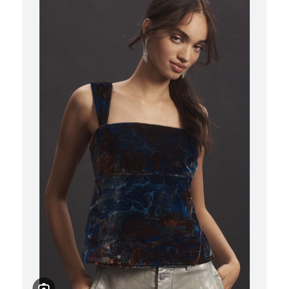 Pilcro Anthropologie Burnout Velvet Flyaway Top Blue Brown Open Back Babydoll‎ L